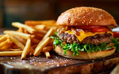 Fastfood, Saftiger Hamburger, Cheeseburger, Restaurant, Imbiss, Speisekarte, Pommes, generative AI